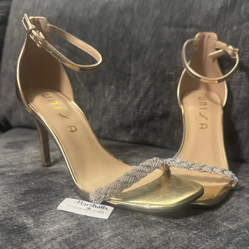 Unisa Metallic Gold Ankle Strap Heels Size 8.5